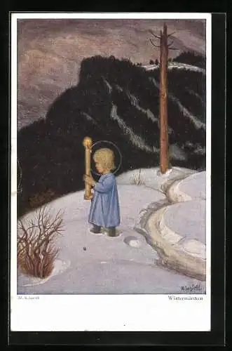 Künstler-AK Matthäus Schiestl: Weihnachten, Wintermärchen, Junge trägt Kerze im Schnee