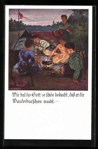 Künstler-AK Otto Amtsberg: Wanderburschen beim Singen am Lagerfeuer