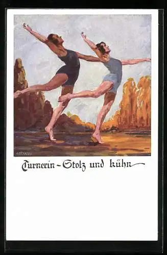 Künstler-AK Otto Amtsberg: Turnerin-stolz und kühn!, Turnerinnen bei Übungen