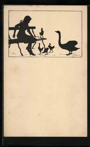 Künstler-AK Carus: Mädchen füttert Schwan und seine Jungen