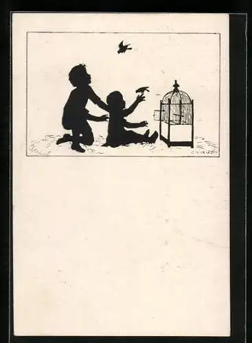 Künstler-AK Carus: Vögel fliegen aus offener Käfigtür