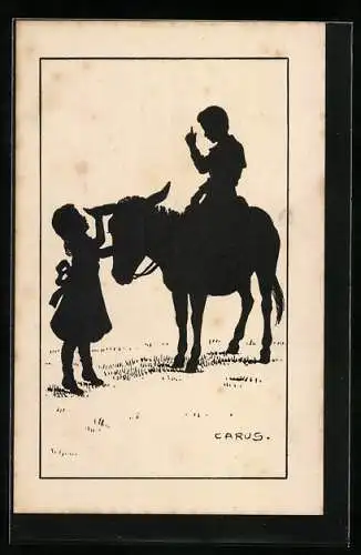 Künstler-AK Carus: Berliner Tierschutz Verein, Kinder mit Esel, Schattenbild