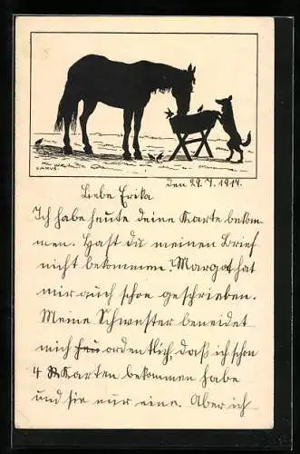 Künstler-AK Carus: Pferd frisst zusammen mit Vögeln und Hund