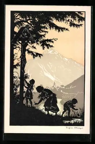 Künstler-AK Josefine Allmayer: Scherenschnitt, Kinder an Flurkreuz