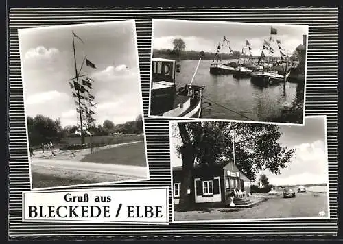 AK Bleckede /Elbe, Schiffe im Hafen, Partie im Park