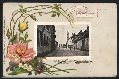 AK Oggersheim, Schillerstrasse mit Schullerhaus im Rosen-Passepartout