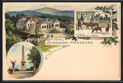 Lithographie Harzburg, Hotel Burgberg, Bracken, Denkmal, Wildfütterung im Winter