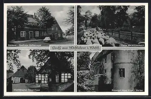 AK Westkilver i. Westf., Bäckerei-Gasthaus Metkemeyer, Rittergut Haus Kilver, Westfälisches Bauernhaus, Mühlenteich