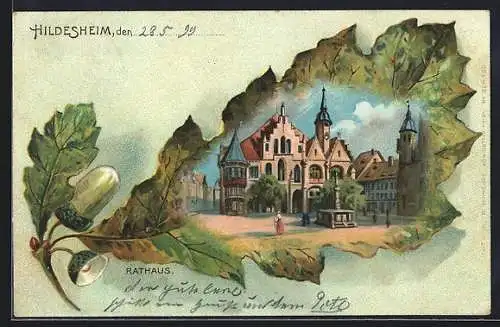 Passepartout-Lithographie Hildesheim, Rathaus im Eichenblatt