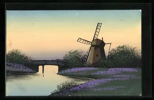 Künstler-AK Handgemalt: Windmühle im Abendlicht, Schablonenmalerei