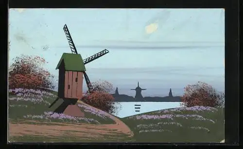 Künstler-AK Handgemalt: Bockwindmühle auf blühender Wiese