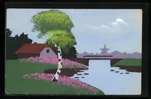 Künstler-AK Handgemalt: Birken und Blumen am Flussufer