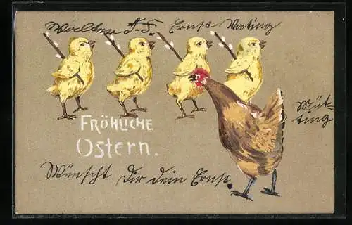 Künstler-AK Handgemalt: Huhn mit vier Küken in einer Reihe