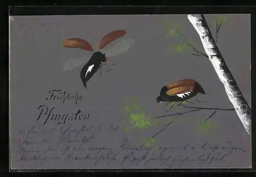 Künstler-AK Handgemalt: Maikäfer mit Pfingstgruss, Schablonenmalerei