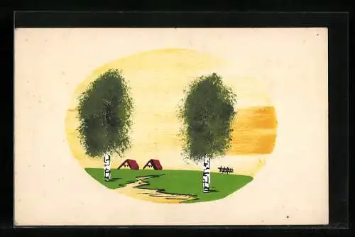 Künstler-AK Handgemalt: Birken am Bachufer, Schablonenmalerei