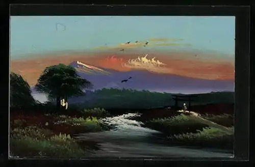 Künstler-AK Handgemalt: Berglandschaft im Abendlicht, Schablonenmalerei