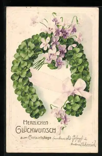 AK Kleeblatt-Hufeisen mit Veilchen, Glückwunsch zum Geburtstag