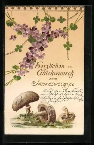 AK Pilze unter Girlanden mit Veilchen und Kleeblättern