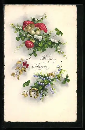 AK Fliegenpilze mit Kleeblättern und Hufeisen, Neujahrsgruss