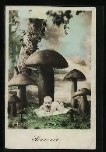 AK Baby unter grossem Pilz in einem Wald