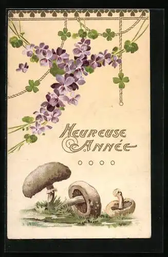 AK Pilze unter Veilchen- und Kleegirlanden