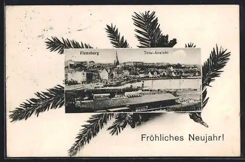 Lithographie Flensburg, Totalansicht aus der Vogelschau, Tannenzweige