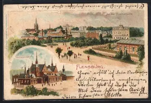 Lithographie Flensburg, Staatsbahnhof, An der Promenade