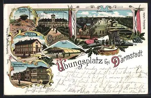 Lithographie Darmstadt, verschiedene Ansichten des Übungsplatzes