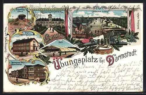 Lithographie Darmstadt, verschiedene Ansichten des Übungsplatzes