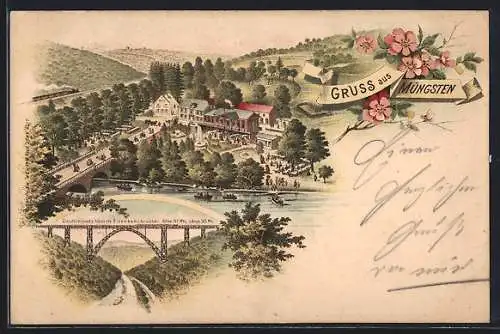 Lithographie Müngsten, Totalansicht, Deutschlands höchste Brücke