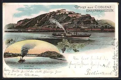 Lithographie Koblenz, Blick zur Feste auf dem Berg, Blick auf Ehrenbreitenstein