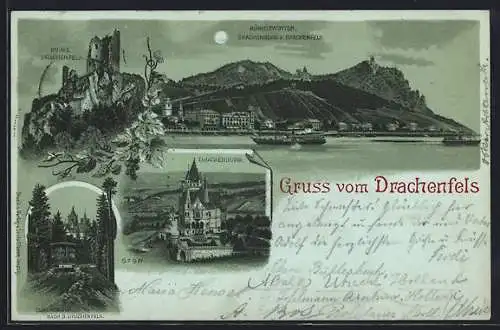 Mondschein-Lithographie Königswinter, Drachenburg und Drachenfels, Zahnradbahn