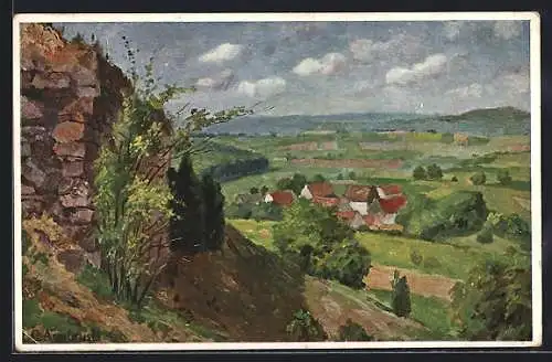 AK Marburg, Burgruine Frauenberg mit Blick auf die Ortschaft