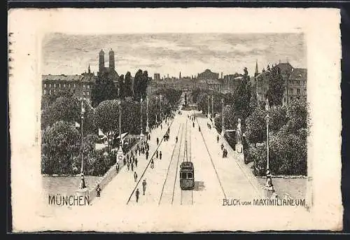 Künstler-AK München, Blick vom Maximilianeum mit Strassenbahn