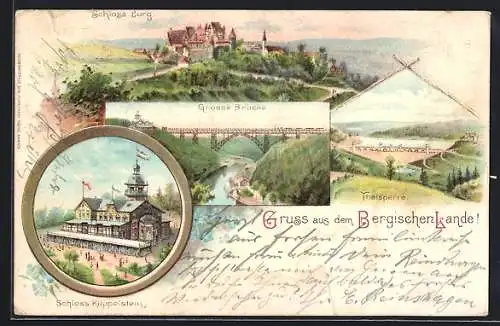 Lithographie Reinshagen /Bergisches Land, Schloss Küppelstein, Schloss Burg, Grosse Brücke