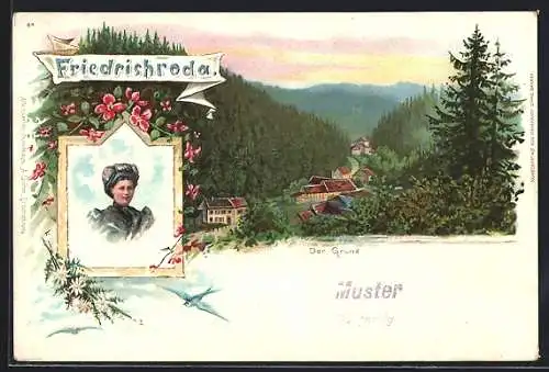 Lithographie Friedrichroda, Blick in den Grund, Frau in Tracht