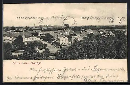 AK Husby, Gesamtansicht über die Dächer der Ortschaft hinweg