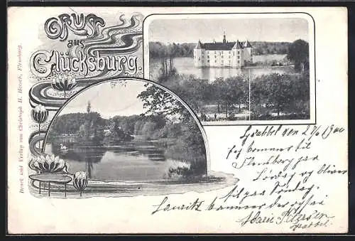 AK Glücksburg, Blick zum Schloss, Uferpartie, Jugendstil-Passepartout