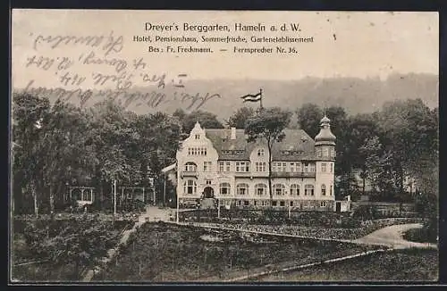 AK Hameln a. d. W., Das Hotel Dreyer`s Berggarten v. Fr. Freckmann