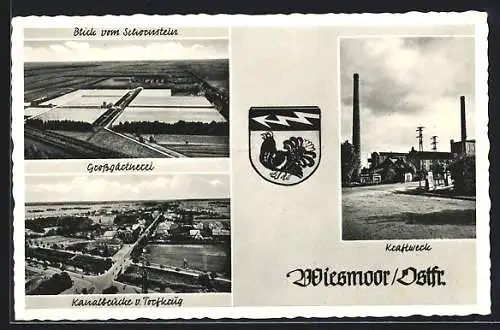 AK Wiesmoor, Kraftwerk, Grossgärtnerei, Kanalbrücke v. Torfkrug, Blick vom Schornstein