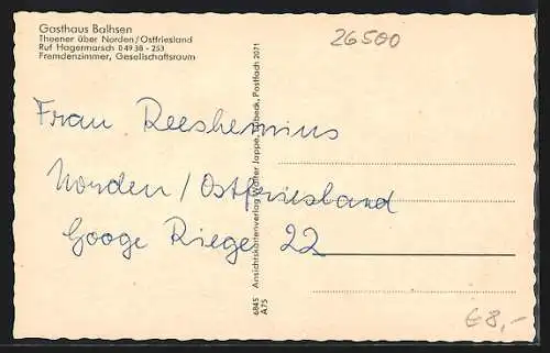 AK Theener über Norden, Das Gast- und Kaufhaus Balhsen mit Gastraum, Dampfer Oldenburg, Partie am Deich