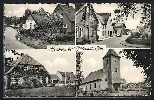 AK Herzhorn bei Glückstadt, Die Kirche, Strassenpartie, Ortspartie