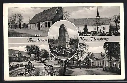 AK Wanderup /Flensburg, Schule, Kirche, Kriegerdenkmal, trinkende Kühe