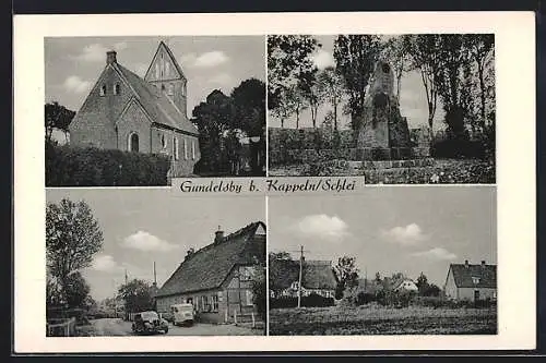 Passepartout-AK Gundelsby b. Kappeln, Die Kirche, das Ehrenmal, Ortspartien