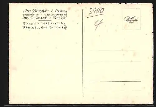 AK Koblenz, Gasthaus Der Reichshof, Innenansicht, Löhrstrasse 107