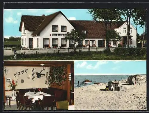 AK Hüxmark /Karby, Gasthof und Pension Lindenkrog v. Helmut Kohrt mit Innenansicht, Strandpartie