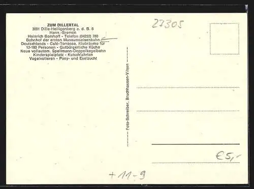 AK Dille-Heiligenberg a. d. B6, Das Gasthaus Zum Dillertal mit Speisesaal, die Museumsbahn