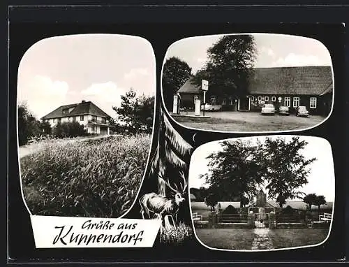 AK Kuppendorf, Gasthaus zur Mühle v. R. Fröhlich, Kriegerdenkmal, Partie an der Tankstelle