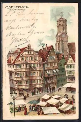 Künstler-AK Stuttgart, Marktplatz mit Blick auf Kirchturm