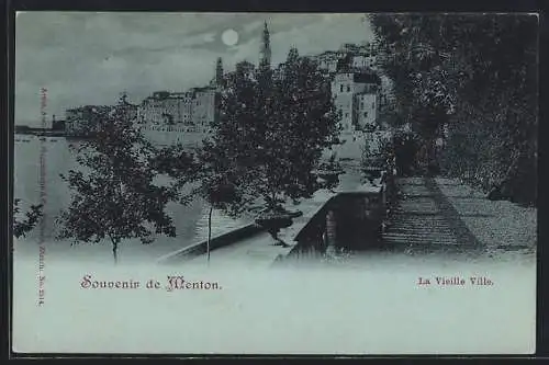 Mondschein-AK Menton /A.-M., La vieille Ville